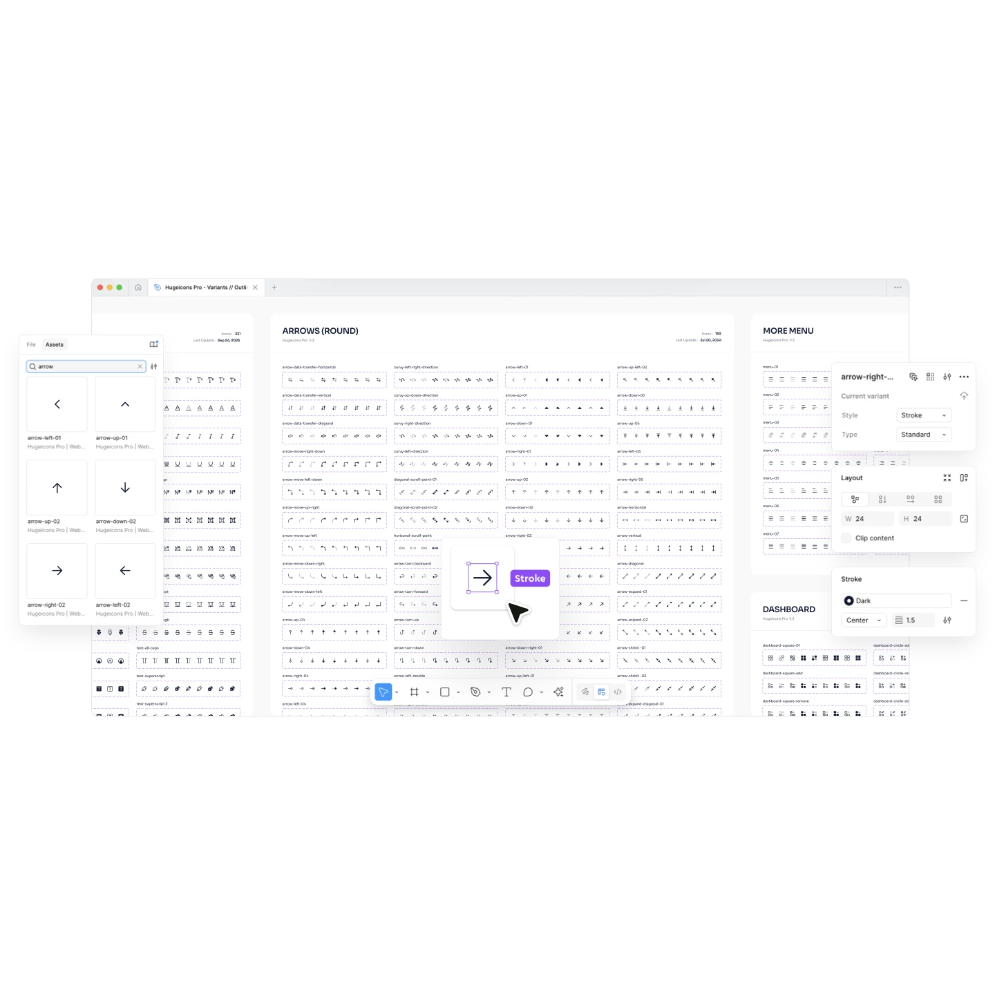 Hugeicons Pro Figma interface showing 54,000+ customizable icons
